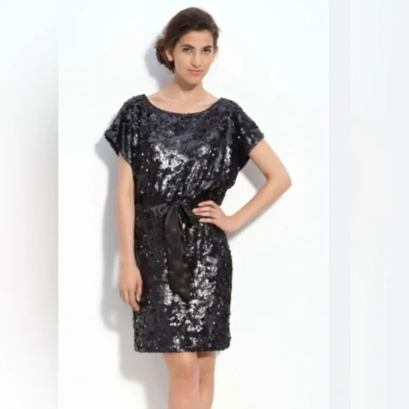 aidan mattox sequin shift dress Size 2 Aidan Mattox Navy Blue Short Sleeve Mini Shift Dress Sequins